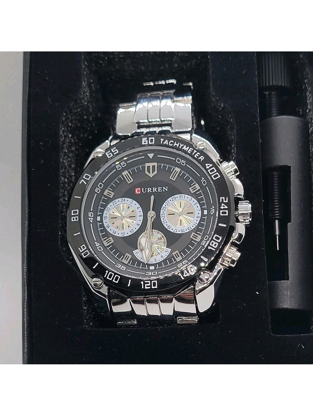 17 Curren Men's Chronograph Silver Metal Bracelet Watch Black Dial Tachymeter